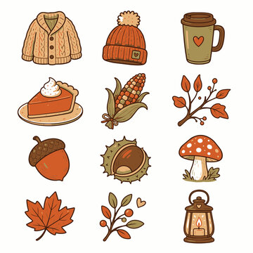 Hand drawn autumn doodle set with cozy sweater pumpkin pie acorn and lantern icons.