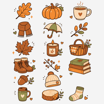 Cute autumn doodle illustration set with cozy fall elements like pumpkin leaves boots and warm drinks.
