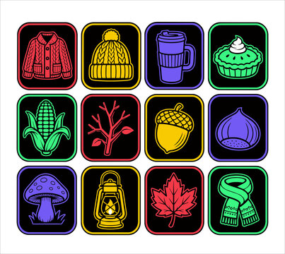 Set of twelve colorful autumn and winter season neon style icons on black background.