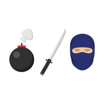 Ninja warrior equipment set featuring black bomb smoke shuriken katana sword and blue masked ninja head for stealth and combat concepts