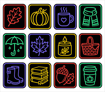 Autumn neon icon set featuring cozy fall elements like pumpkin leaves scarf umbrella boots and coffee cup.