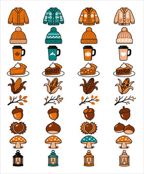 Autumn cozy icon set with sweaters hats mugs pie corn branches acorns chestnuts mushrooms and lanterns.