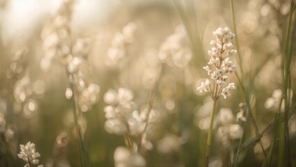 Fototapeta premium Close-up of white flowers in a field during golden hour, with soft light and blurred background, creating a warm and peaceful natural scene.