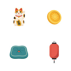 Fototapeta premium Traditional japanese lucky set featuring a maneki neko cat a gold coin a green cushion and a red paper lantern on white background