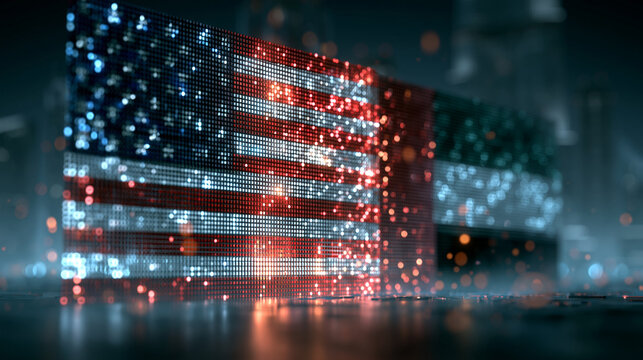 Vibrant digital display featuring american and mexican flags illuminated by sparkling lights in a contemporary environment