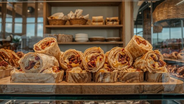 Pastry rolls displayed on a wooden board inside a bakery with shelves of baked goods and plates in the background.