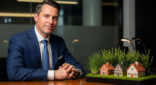 Professional businessman with small house models on desk