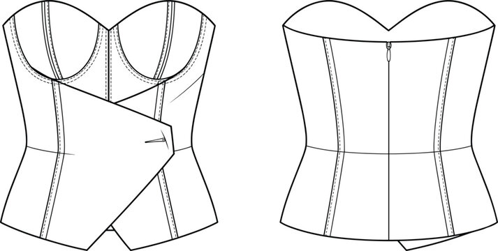 Structured Bustier Top Technical Flat Sketch with Sweetheart Neckline and Asymmetrical Waist Detail