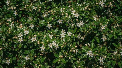 Fototapeta premium A dense cluster of green leaves and white flowers forming a lush plant.