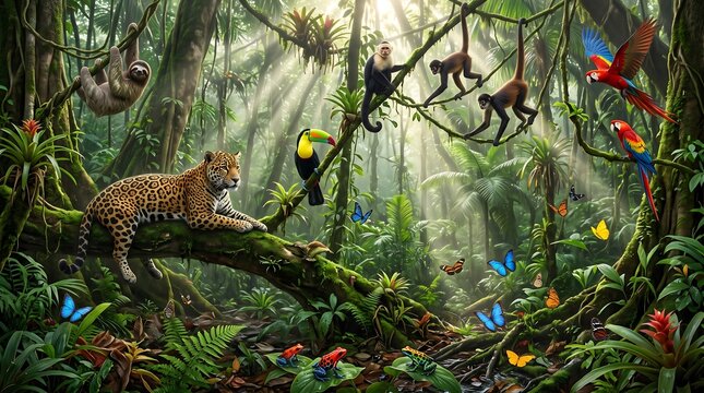 Vibrant Amazon rainforest ecosystem, lush green jungle with diverse wildlife. Exotic animals including a jaguar, sloth, monkeys, toucan, and colorful macaws. Tropical forest habitat with bright
