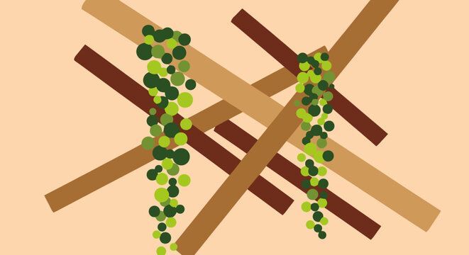 Abstract vertical vine pattern with geometric brown lines and green circles