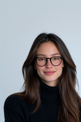 Obraz premium confident woman portrait with natural beauty and copy space, modern professional female headshot on a minimal background, elegant brunette woman in a clean contemporary studio portrait