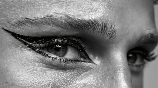 Striking winged eyeliner accentuates a persons eye with dramatic flair.
