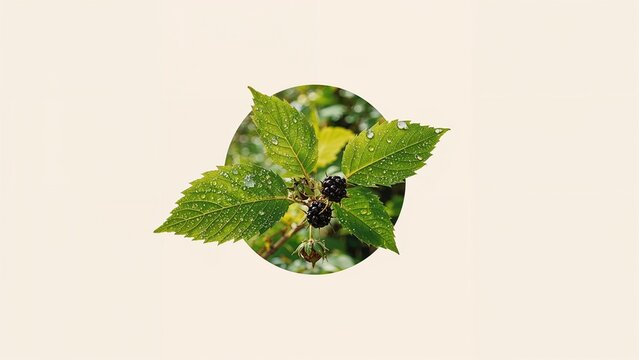 A close-up of green leaves with black berries and water droplets.