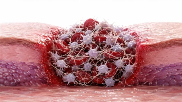 Platelets and fibrin strands forming a blood clot over a skin wound