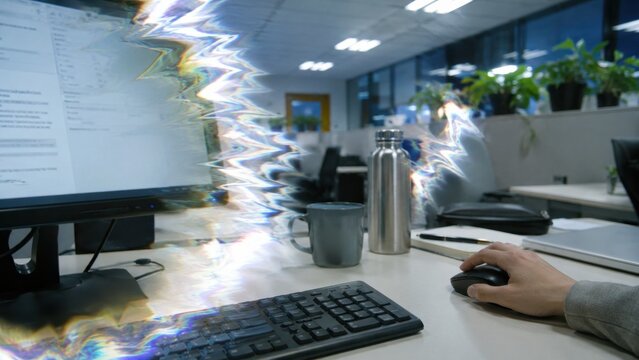 Migraine aura simulation with zigzag lines at office desk