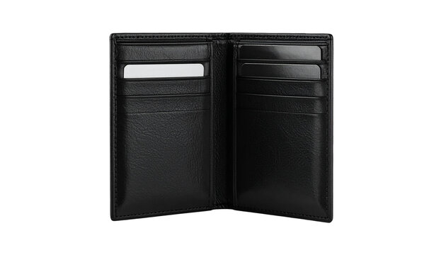 Black leather wallet with card slots, isolated on transparent background