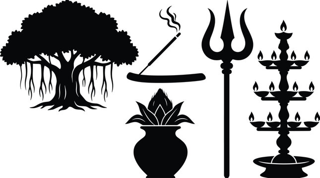Indian festival ritual silhouette elements set including banyan tree incense stick trishul kalash pot and multi tiered oil lamp stand