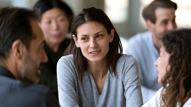 A group of adults engaged in a collaborative discussion during a professional meeting or workshop setting