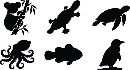 Fototapeta premium Australian wildlife and marine life vector silhouettes set featuring koala platypus sea turtle octopus clownfish and penguin icons