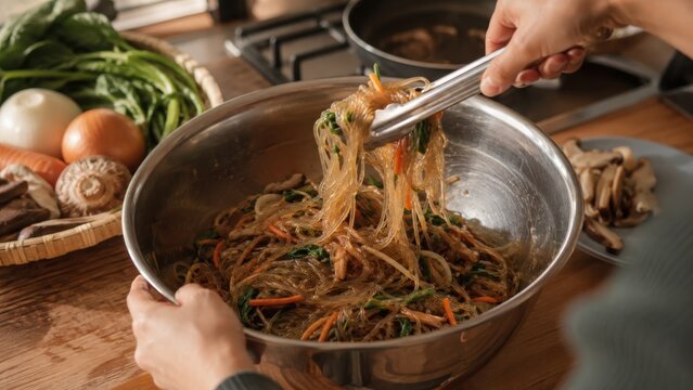 Hands tossing Japchae glass noodles with vegetables in bowl