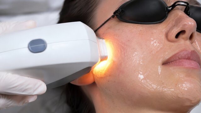 Woman receiving IPL photofacial laser treatment on face