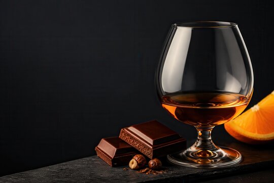 Luxury cognac tasting still life with chocolate hazelnut and orange on dark background