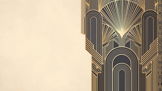 Sophisticated vintage presentation background inspired by 1920s Art Deco architecture with seamless gold geometric fan patterns and symmetrical arches