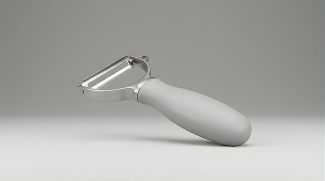 A simple kitchen vegetable peeler tool with a light gray handle and a silver metal blade resting on a smooth reflective white surface with a soft gray background studio lighting