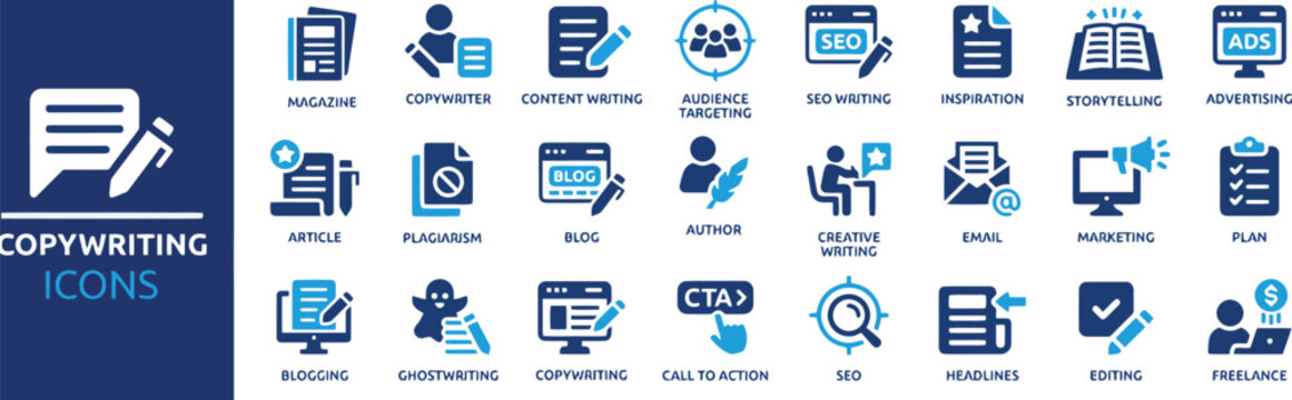 Content Writing, Blogging and Copywriting Vector Icon Set with Author, Article, CTA, and Audience Targeting