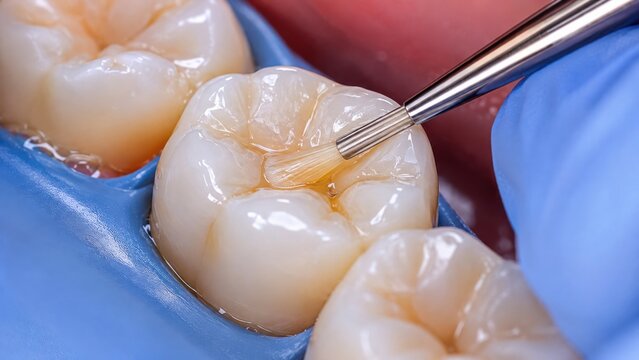 Dentist applying sealant to molar tooth grooves