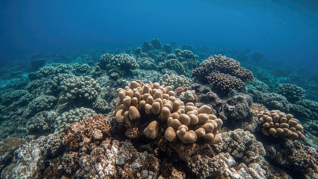 Underwater coral reef with various coral formations and marine life.