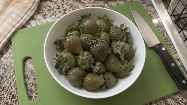Red-green color blindness simulation of strawberries in a bowl