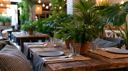 Obraz premium A rustic wooden table set for dining with potted plants and woven placemats under warm string lights