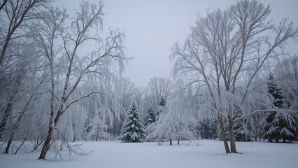 Obraz premium Snow-covered trees and landscape in winter scenery.
