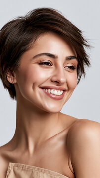 closeup beauty portrait of smiling woman with bright eyes and dimples, gorgeous happy woman with fashionable short haircut and radiant skin, beauty headshot of cheerful brunette woman with full lips