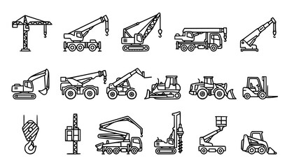 Construction cranes heavy machinery lifting equipment and industrial editable vector icons © Jahangir