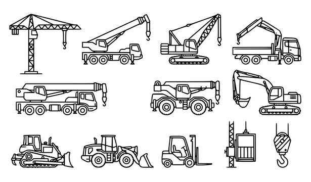 Tower mobile crawler crane excavator and construction machinery editable line icon set