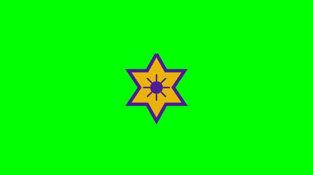 Animated Yellow Six Pointed Star Icon with Central Sun Symbol on Green Screen.