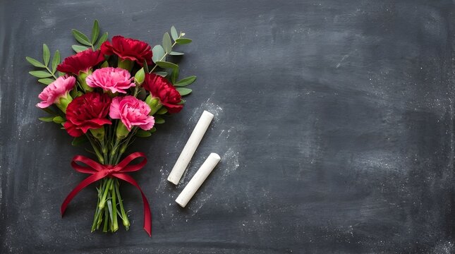 Beautiful bouquet of red flowers and chalk on a dark chalkboard for teachers day celebration