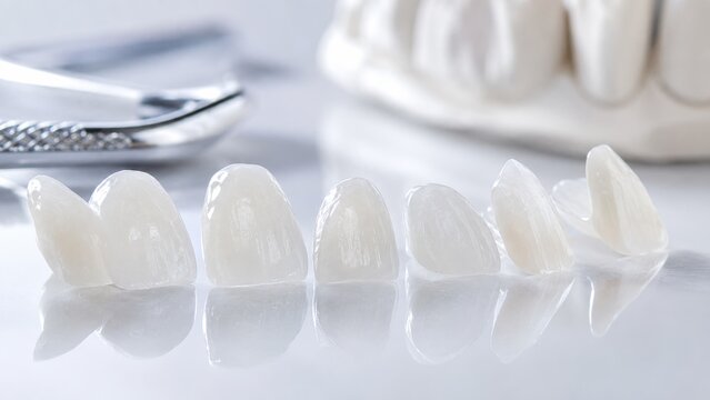 Set of porcelain dental veneers on reflective surface