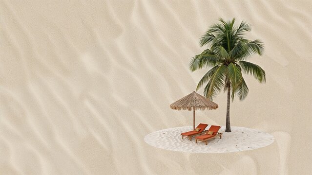 A small tropical island with a palm tree, a thatched umbrella, and lounge chairs on sandy terrain.