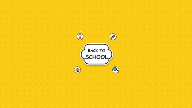 Back to School Animated Concept with Educational Icons on Yellow Background.