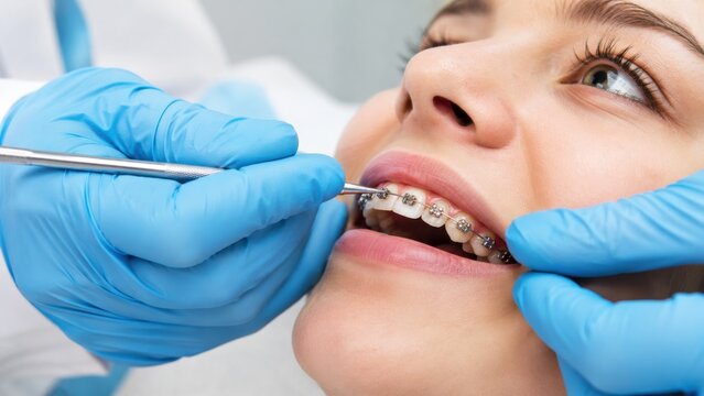 Orthodontist adjusting archwire on patient's metal braces