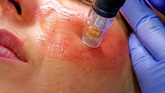 Microneedling PRP vampire facial treatment on patient cheek
