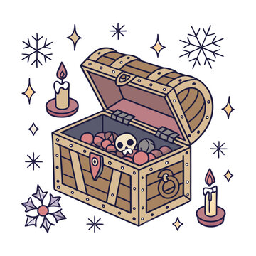 Mystical treasure chest vector illustration, open wooden trunk with skull and gems, magical fantasy loot box with candles and snowflakes