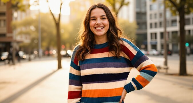 Smiling young woman in striped sweater posing confidently outdoors in a sunny urban setting
