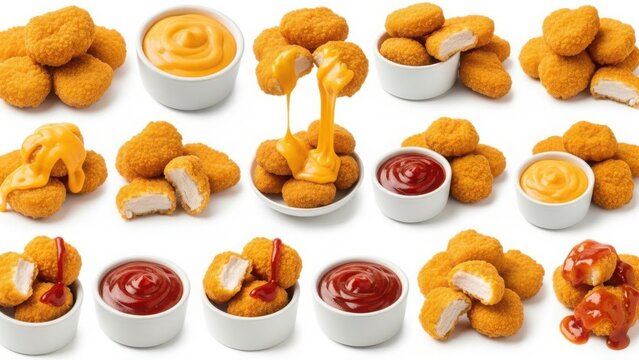 Assorted chicken nuggets with dipping sauces isolated on white background