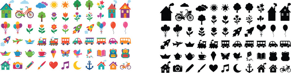 Naklejka premium Colorful Vector Icons and Black Silhouette Comparison Featuring Everyday Objects, Transport, Nature, and Lifestyle Symbols