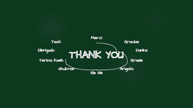 Multilingual Thank You Typography Design on Green Chalkboard Background.